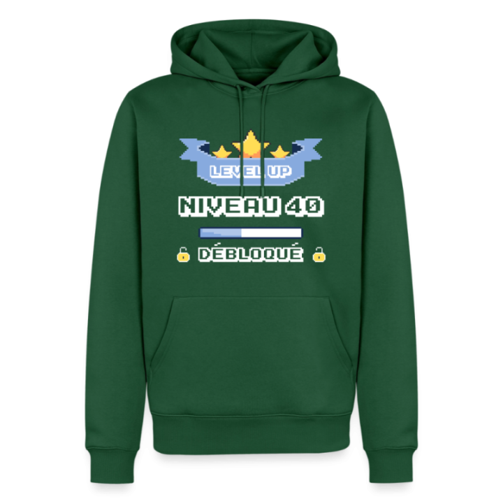 Sweat-shirt à capuche premium homme - Level-up: Niveau 40 ans débloqué - vert bouteille - front