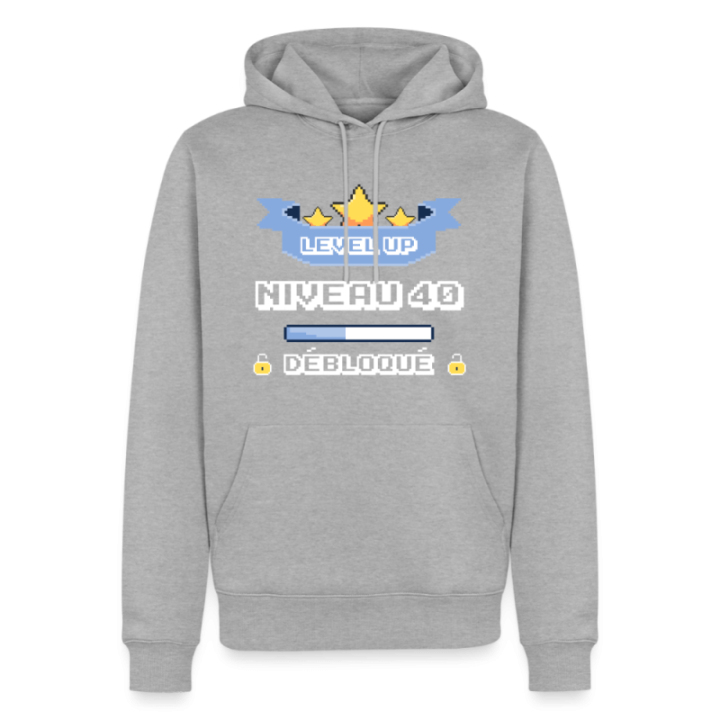 Sweat-shirt à capuche premium homme - Level-up: Niveau 40 ans débloqué - gris chiné - front