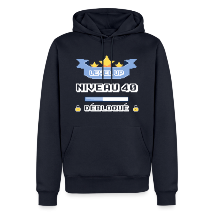 Sweat-shirt à capuche premium homme - Level-up: Niveau 40 ans débloqué - bleu marine - front