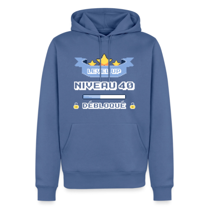 Sweat-shirt à capuche premium homme - Level-up: Niveau 40 ans débloqué - bleu pigeon - front