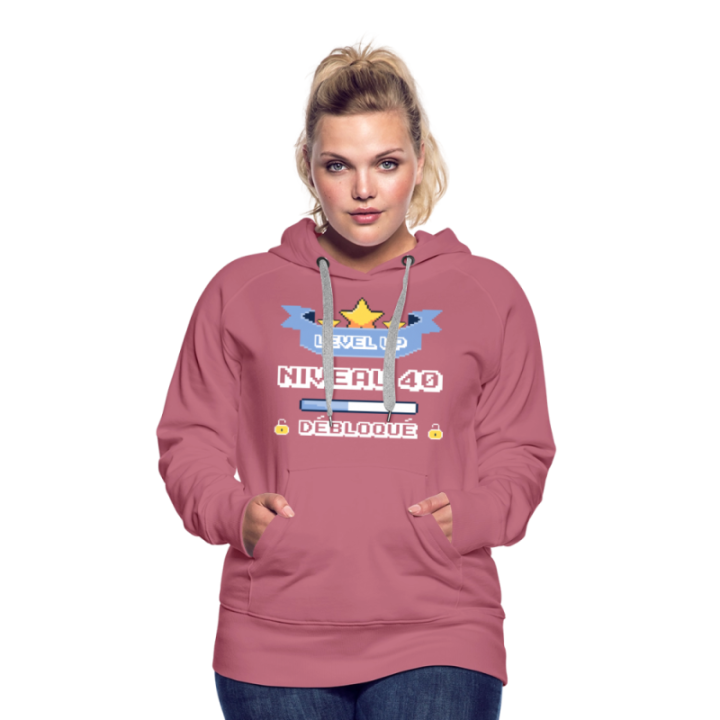 Sweat-shirt à capuche premium femme - Level-up: Niveau 40 ans débloqué - mauve - front