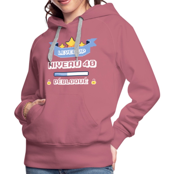 Sweat-shirt à capuche premium femme - Level-up: Niveau 40 ans débloqué - mauve - front