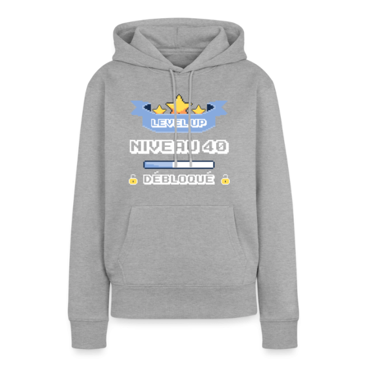 Sweat-shirt à capuche premium femme - Level-up: Niveau 40 ans débloqué - gris chiné - front