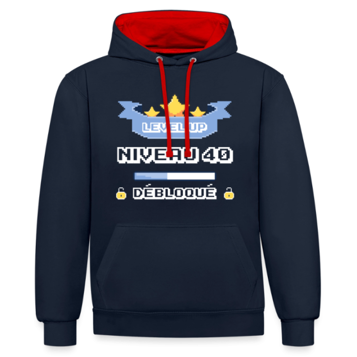 Sweat-shirt à capuche contrasté unisexe - Level-up: Niveau 40 ans débloqué - bleu marine/rouge - front