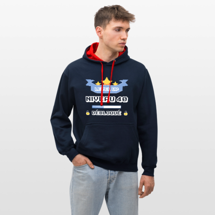 Sweat-shirt à capuche contrasté unisexe - Level-up: Niveau 40 ans débloqué - bleu marine/rouge - front
