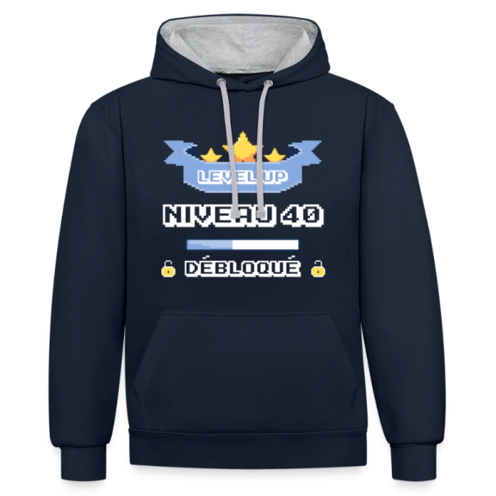Sweat-shirt à capuche contrasté unisexe - Level-up: Niveau 40 ans débloqué - bleu marine/gris chiné - front