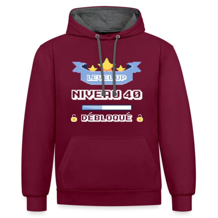 Sweat-shirt à capuche contrasté unisexe - Level-up: Niveau 40 ans débloqué - bordeaux/anthracite - front