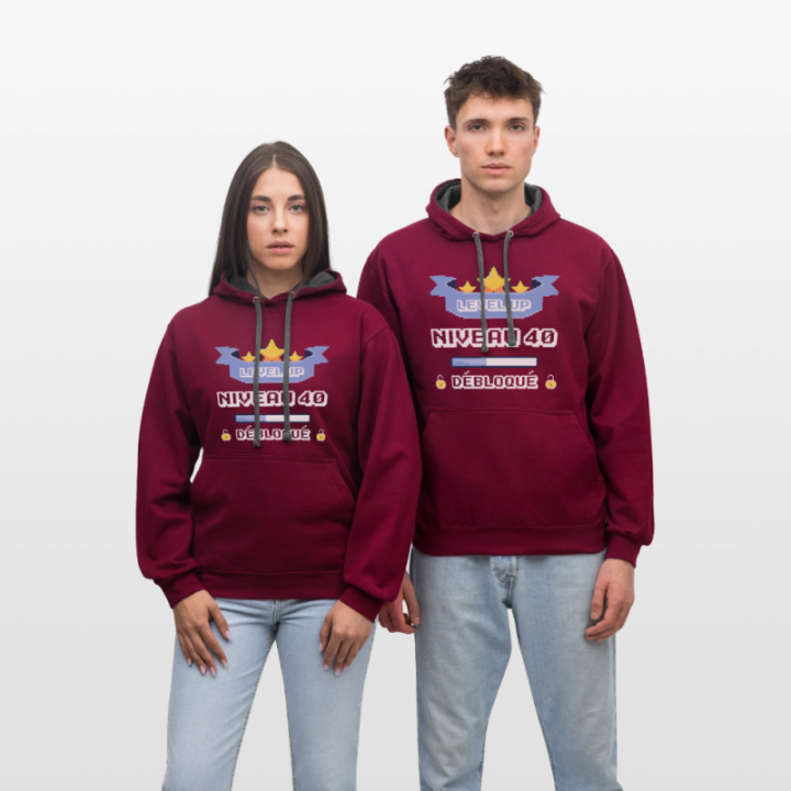 Sweat-shirt à capuche contrasté unisexe - Level-up: Niveau 40 ans débloqué - bordeaux/anthracite - front