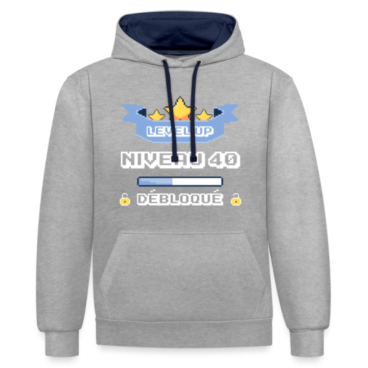 Sweat-shirt à capuche contrasté unisexe - Level-up: Niveau 40 ans débloqué - gris chiné/bleu marine - front