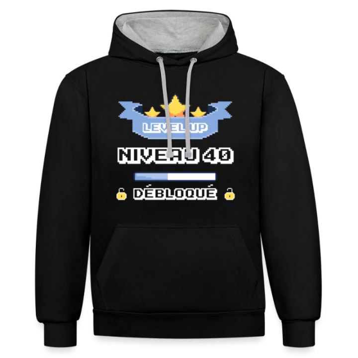 Sweat-shirt à capuche contrasté unisexe - Level-up: Niveau 40 ans débloqué - noir/gris chiné - front