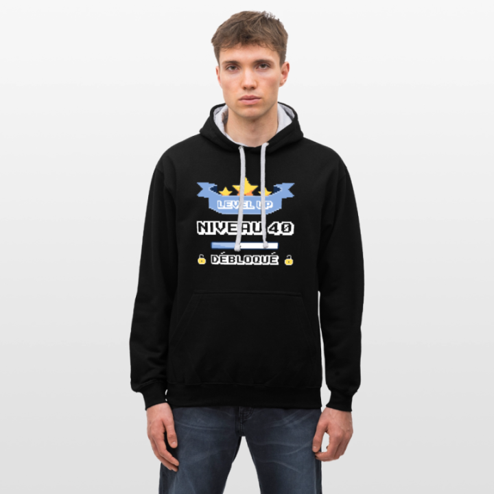 Sweat-shirt à capuche contrasté unisexe - Level-up: Niveau 40 ans débloqué - noir/gris chiné - front