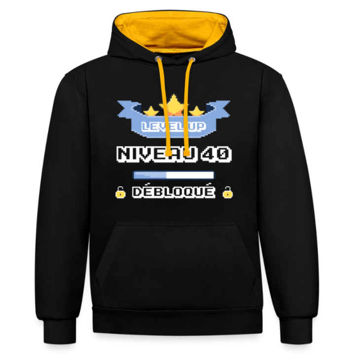 Sweat-shirt à capuche contrasté unisexe - Level-up: Niveau 40 ans débloqué - noir/or - front