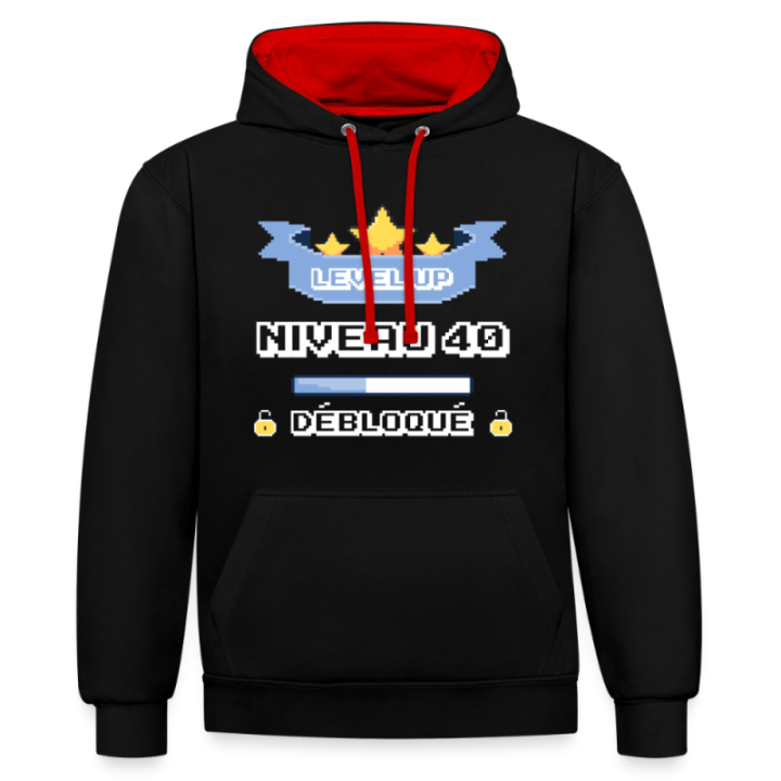 Sweat-shirt à capuche contrasté unisexe - Level-up: Niveau 40 ans débloqué - noir/rouge - front