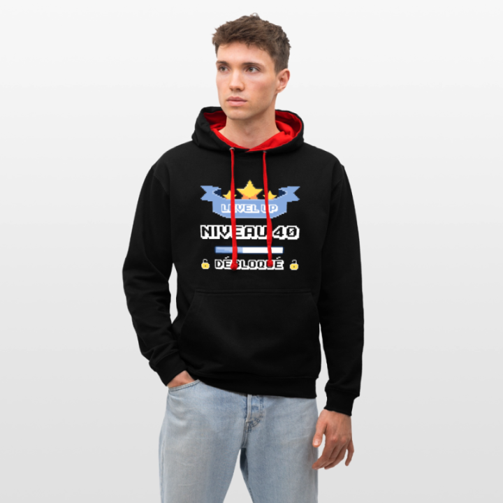 Sweat-shirt à capuche contrasté unisexe - Level-up: Niveau 40 ans débloqué - noir/rouge - front