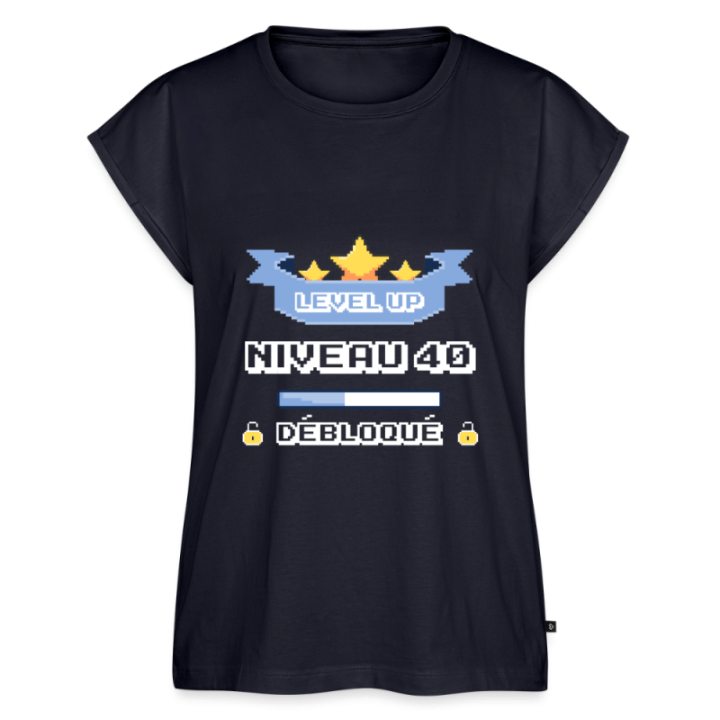 T-shirt à manches retroussées femme - Level-up: Niveau 40 ans débloqué - bleu marine - front