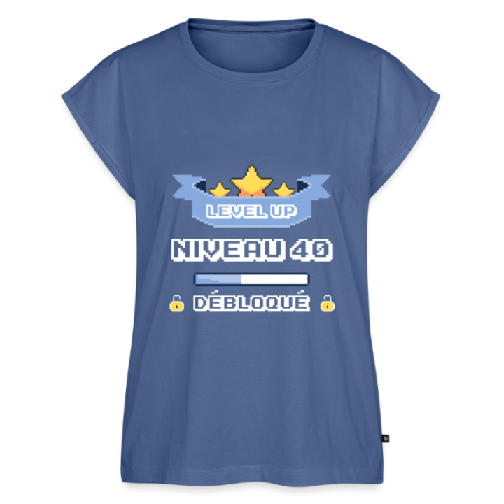 T-shirt à manches retroussées femme - Level-up: Niveau 40 ans débloqué - bleu pigeon - front