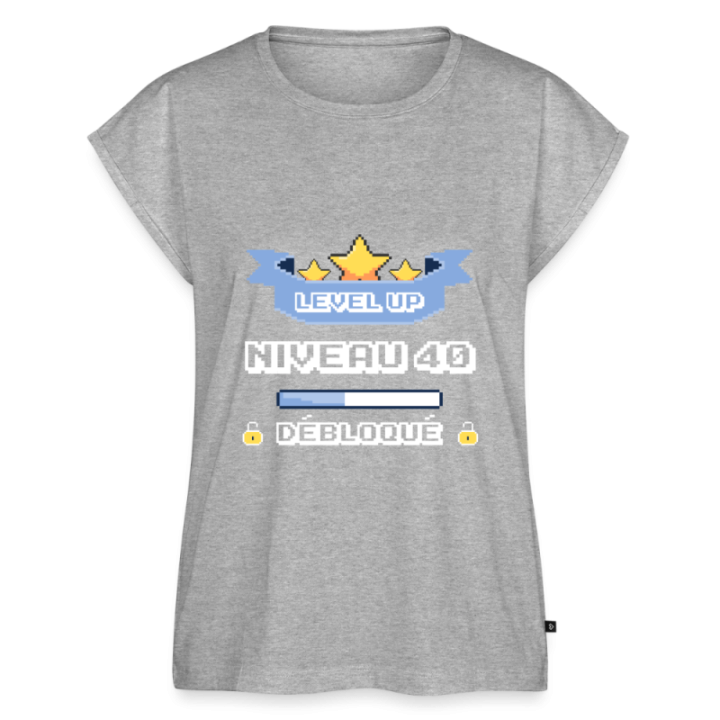 T-shirt à manches retroussées femme - Level-up: Niveau 40 ans débloqué - gris chiné - front