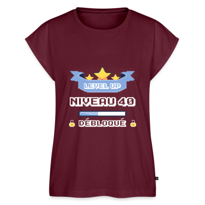 T-shirt à manches retroussées femme - Level-up: Niveau 40 ans débloqué - bourgogne - front