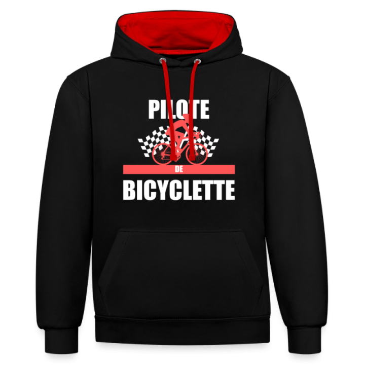 Sweat-shirt à capuche contrasté unisexe - Pilote de bicyclette - noir/rouge - front