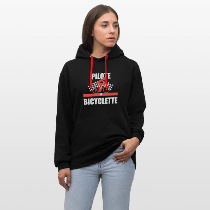 Sweat-shirt à capuche contrasté unisexe - Pilote de bicyclette - noir/rouge - front
