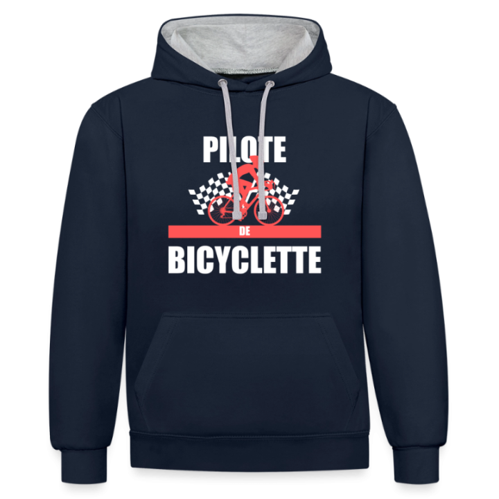 Sweat-shirt à capuche contrasté unisexe - Pilote de bicyclette - bleu marine/gris chiné - front