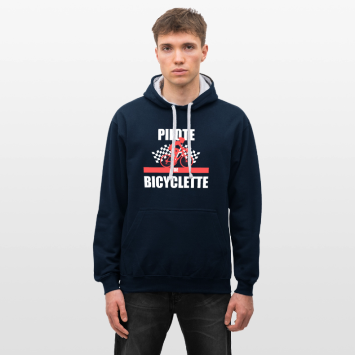 Sweat-shirt à capuche contrasté unisexe - Pilote de bicyclette - bleu marine/gris chiné - front
