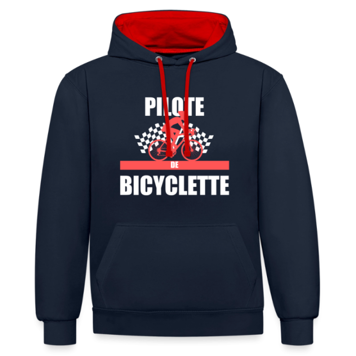 Sweat-shirt à capuche contrasté unisexe - Pilote de bicyclette - bleu marine/rouge - front