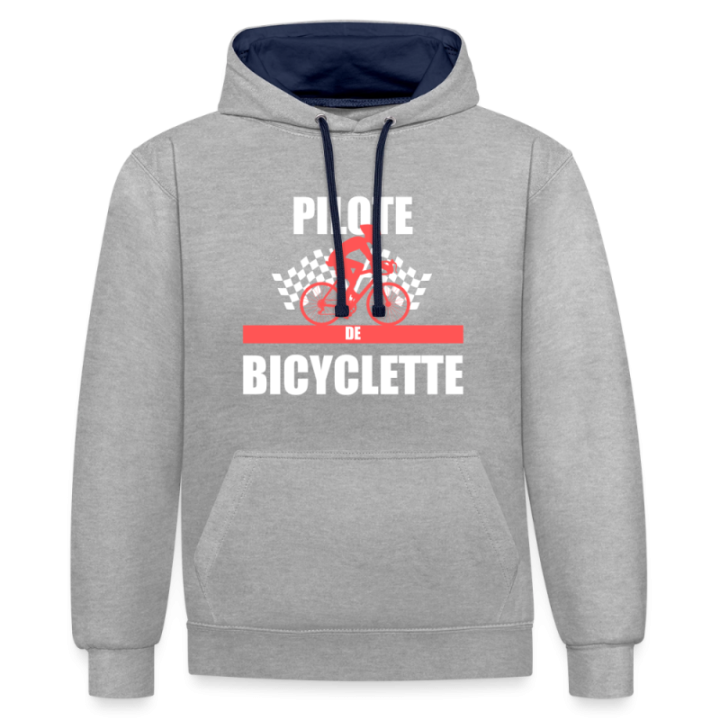 Sweat-shirt à capuche contrasté unisexe - Pilote de bicyclette - gris chiné/bleu marine - front