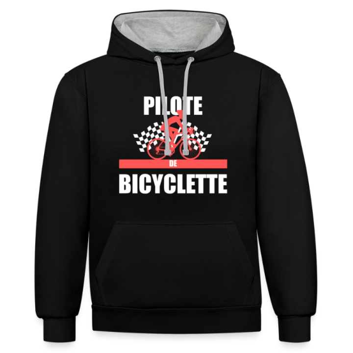 Sweat-shirt à capuche contrasté unisexe - Pilote de bicyclette - noir/gris chiné - front