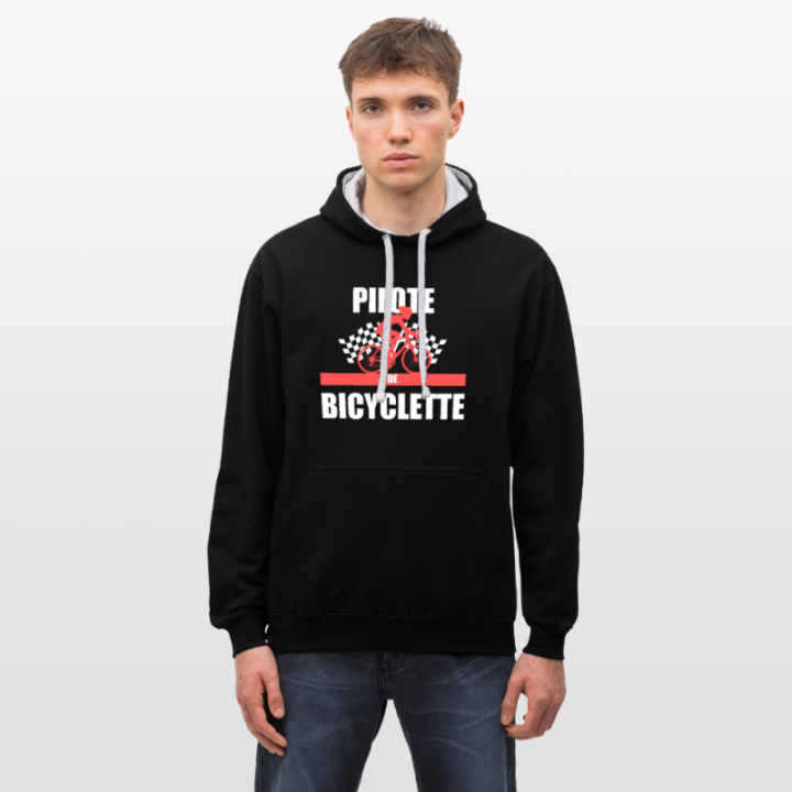 Sweat-shirt à capuche contrasté unisexe - Pilote de bicyclette - noir/gris chiné - front