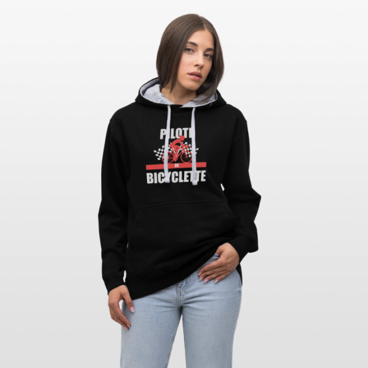 Sweat-shirt à capuche contrasté unisexe - Pilote de bicyclette - noir/gris chiné - front