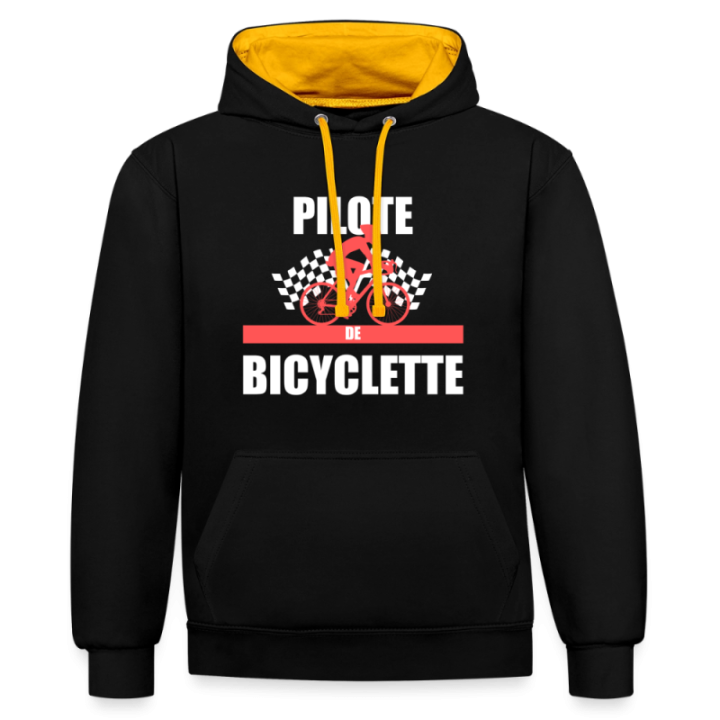 Sweat-shirt à capuche contrasté unisexe - Pilote de bicyclette - noir/or - front
