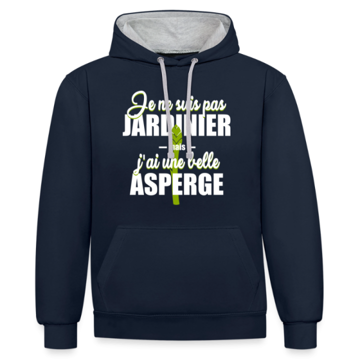 Sweat-shirt à capuche contrasté unisexe - J'ai une belle asperge - bleu marine/gris chiné - front