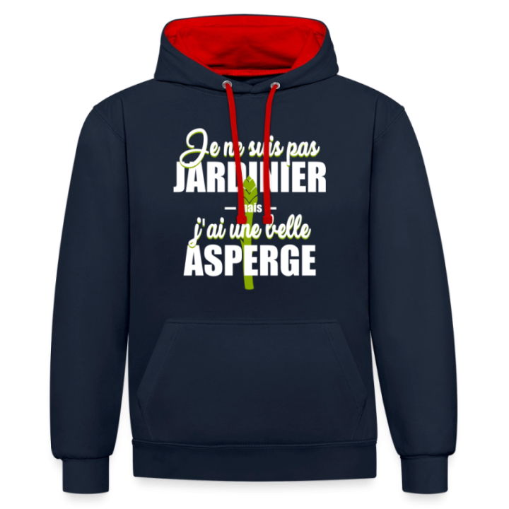 Sweat-shirt à capuche contrasté unisexe - J'ai une belle asperge - bleu marine/rouge - front