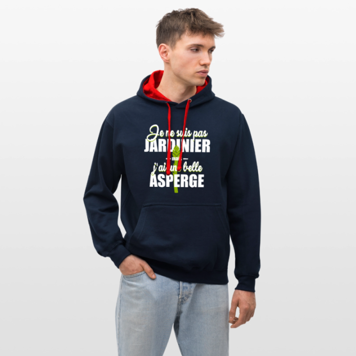 Sweat-shirt à capuche contrasté unisexe - J'ai une belle asperge - bleu marine/rouge - front