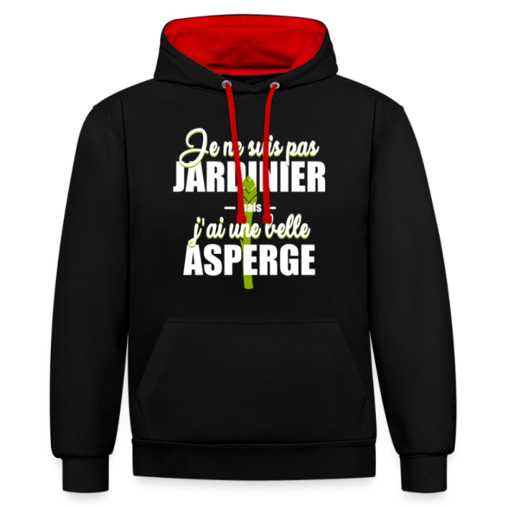 Sweat-shirt à capuche contrasté unisexe - J'ai une belle asperge - noir/rouge - front