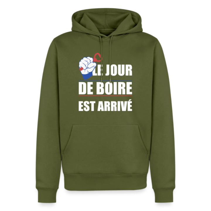 Sweat-shirt à capuche premium homme - Le jour de boire est arrivé - kaki - front