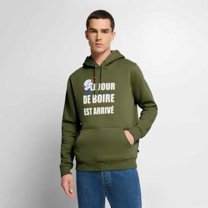 Sweat-shirt à capuche premium homme - Le jour de boire est arrivé - kaki - front