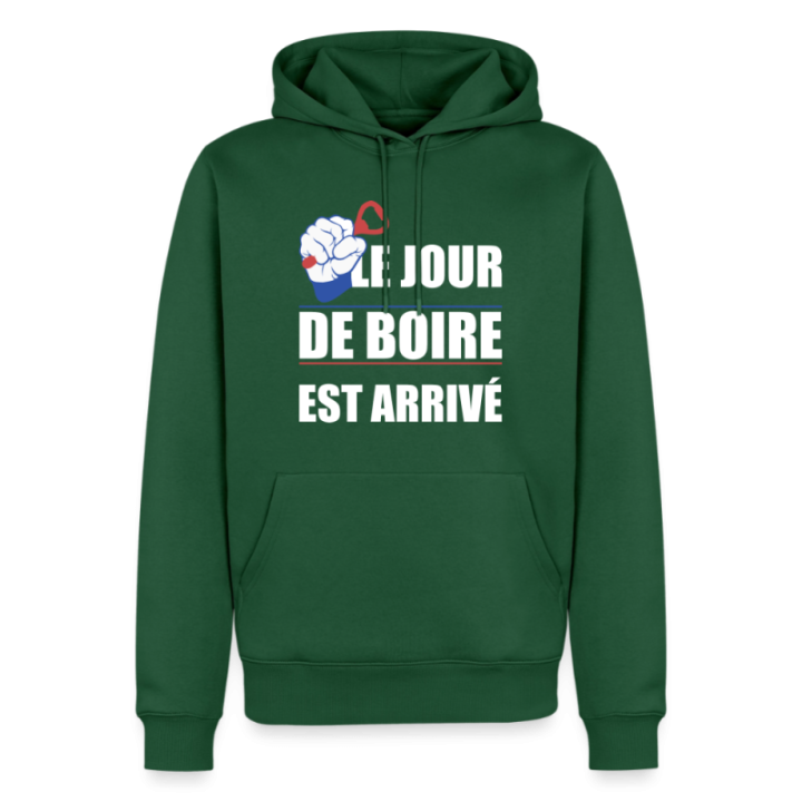 Sweat-shirt à capuche premium homme - Le jour de boire est arrivé - vert bouteille - front