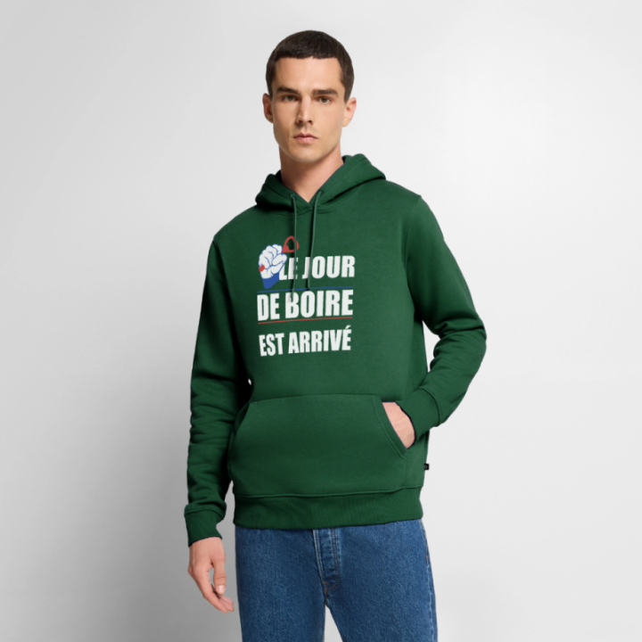 Sweat-shirt à capuche premium homme - Le jour de boire est arrivé - vert bouteille - front