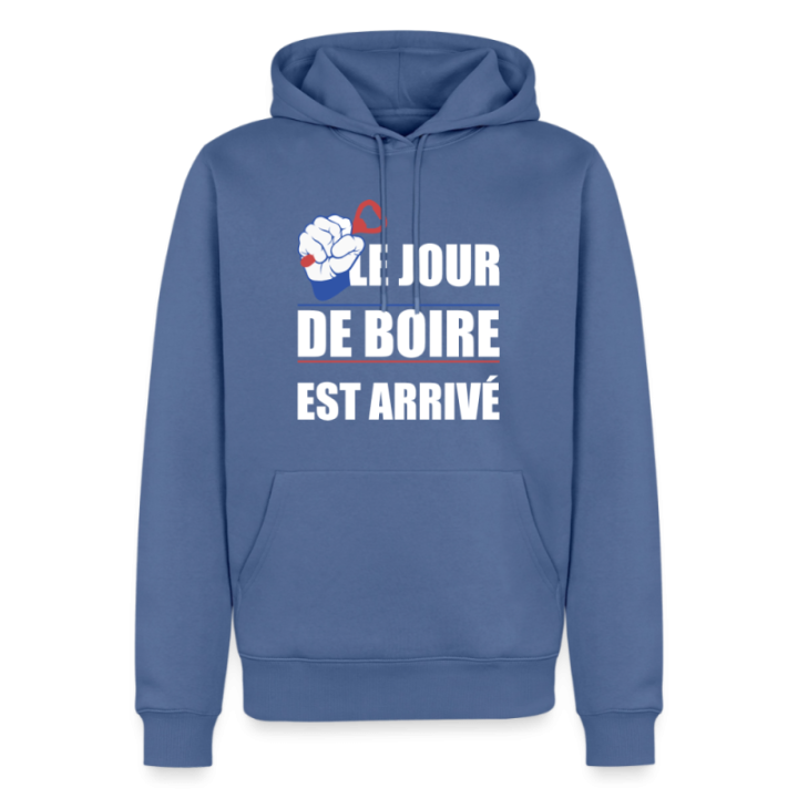 Sweat-shirt à capuche premium homme - Le jour de boire est arrivé - bleu pigeon - front