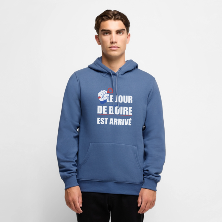 Sweat-shirt à capuche premium homme - Le jour de boire est arrivé - bleu pigeon - front