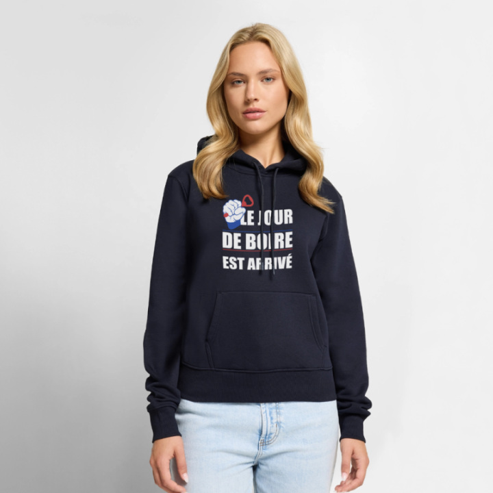 Sweat-shirt à capuche premium femme - Le jour de boire est arrivé - bleu marine - front