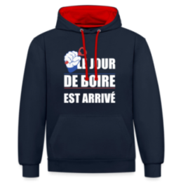 Sweat-shirt à capuche contrasté unisexe - Le jour de boire est arrivé - bleu marine/rouge - front