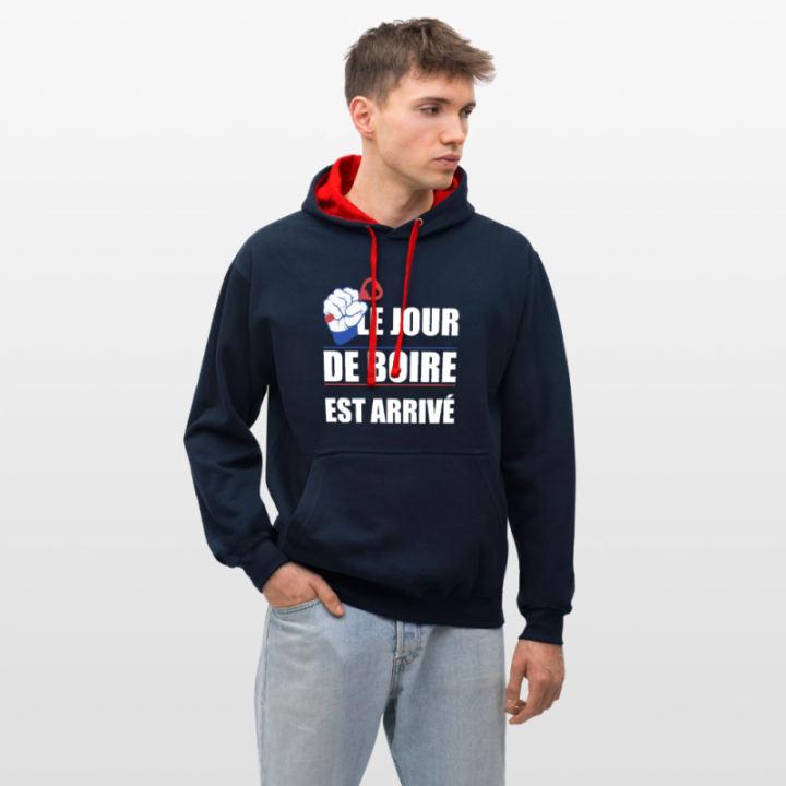 Sweat-shirt à capuche contrasté unisexe - Le jour de boire est arrivé - bleu marine/rouge - front