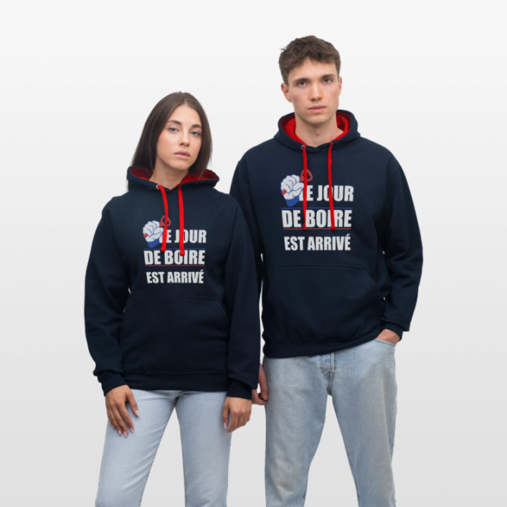 Sweat-shirt à capuche contrasté unisexe - Le jour de boire est arrivé - bleu marine/rouge - front