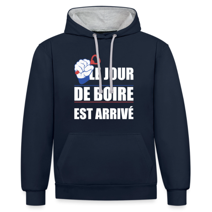 Sweat-shirt à capuche contrasté unisexe - Le jour de boire est arrivé - bleu marine/gris chiné - front