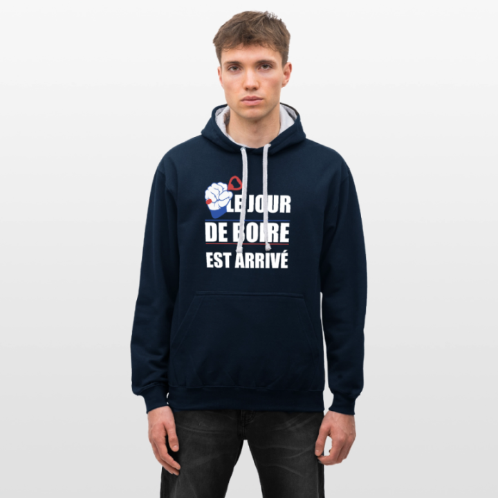 Sweat-shirt à capuche contrasté unisexe - Le jour de boire est arrivé - bleu marine/gris chiné - front