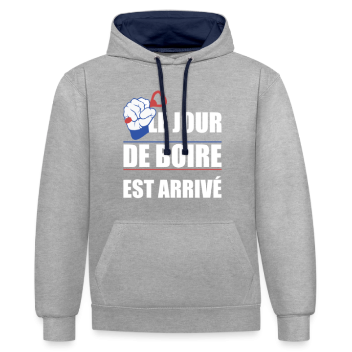 Sweat-shirt à capuche contrasté unisexe - Le jour de boire est arrivé - gris chiné/bleu marine - front