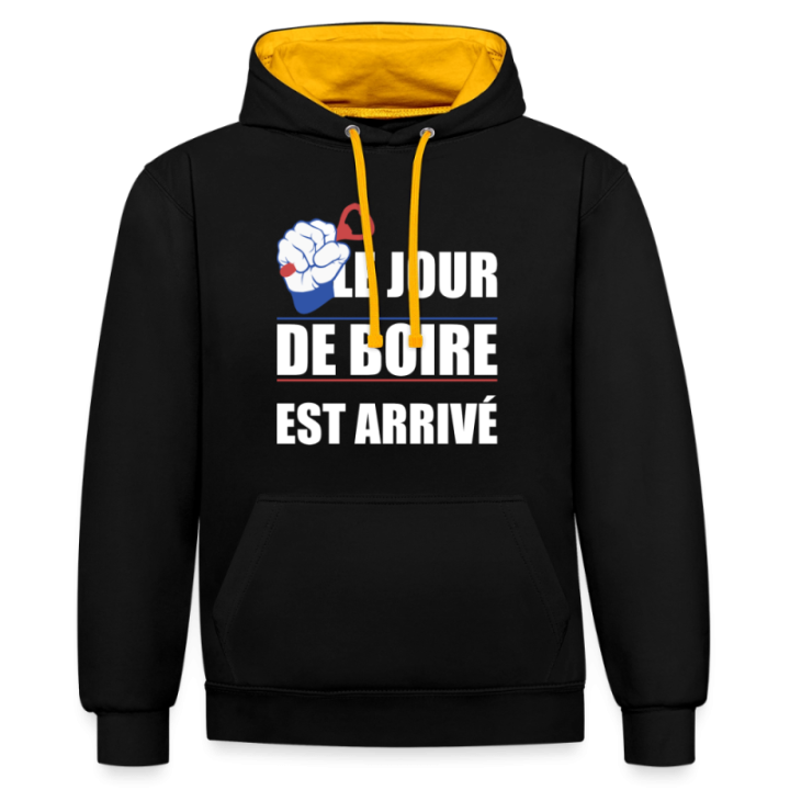 Sweat-shirt à capuche contrasté unisexe - Le jour de boire est arrivé - noir/or - front